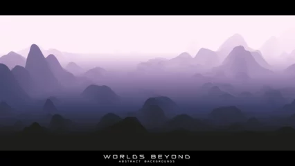 Poster Fog over mountains. Vector landscape panorama. Abstract violet gradient eroded terrain. Worlds beyond. © garrykillian