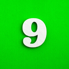 Number 9 - White wooden number on green background