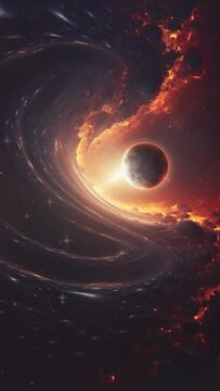 Vertical video black hole planet with galaxy panorama, abstract cosmic space background, artistic 3D galaxy