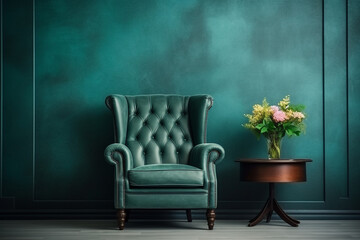 Beautiful luxury classic blue green clean interior room in classic style with green soft armchair. Vintage antique blue-green chair standing beside emerald wall. Minimalist home design. High quality