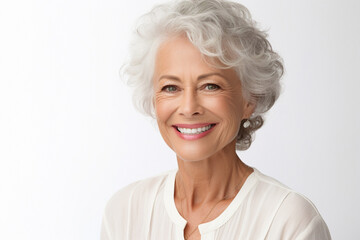 Fototapeta premium Perfect healthy teeth smile of a senior woman on white background