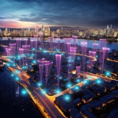 Modern smart city network interconnected, AI generated - obrazy, fototapety, plakaty