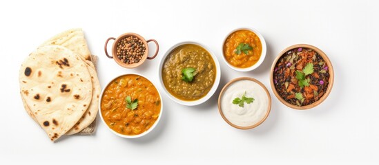 Assortment of Indian dishes on white background with copyspace for text