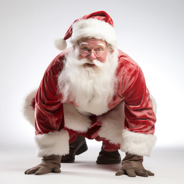 Isolated Santa Claus crouched as if to take off in a race while looking toward viewer 