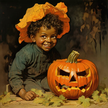 Vintage nostalgic illustrated portrait of young black child smiling over a carved jackolantern pumpkin