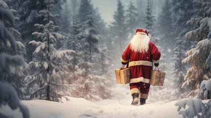 Santa Claus walking away from viewer in snowy forest while carrying gifts 