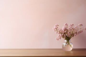Fototapeta na wymiar Pale pink background with pink flowers in a vase to one side with copy space 