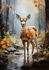 Illustration of a Siberian roe deer standing in shallow stream 