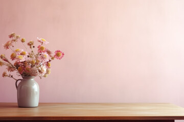 Pale pink background with pink flowers in a vase to one side with copy space 