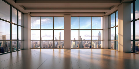 Empty interior view of modern metropolis through the window