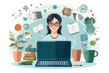 Flat illustration of a woman working with a laptop
