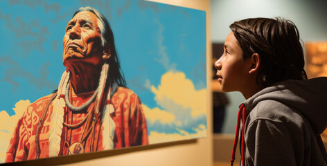 Young Native American Indian boy looking at a painting in an art gallery