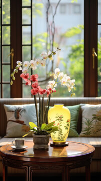 Asian style flower arrangement on a side table 