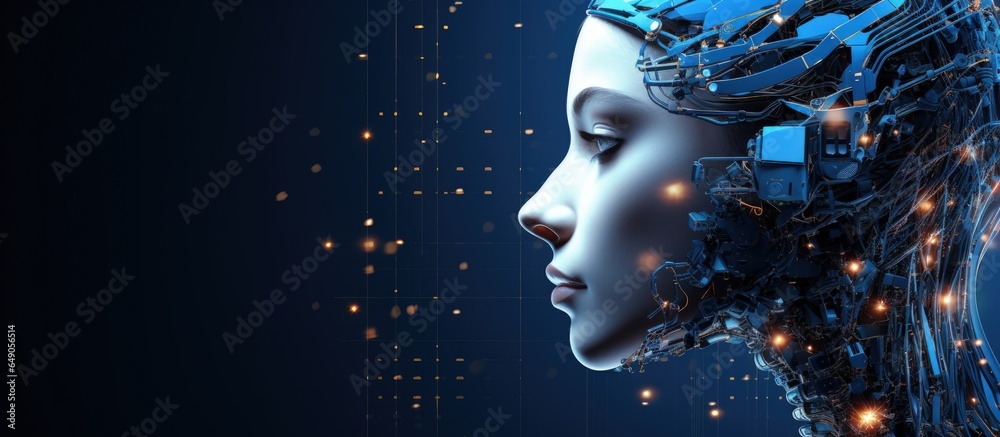 Poster ai microchip in cyborg s head low poly lines and dots blue backdrop with copyspace for text
