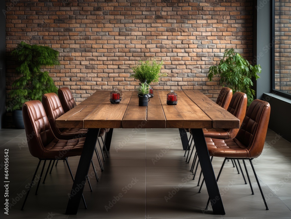 Wall mural solid wood table and chairs in a room with brick walls