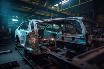 A car being processed in the factory