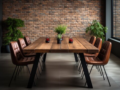 Solid wood table and chairs in a room with brick walls