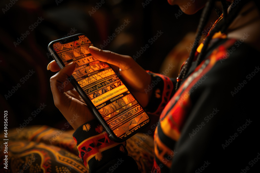 Aufkleber a close-up of a person's hand using a smartphone app to access indigenous language resources. genera