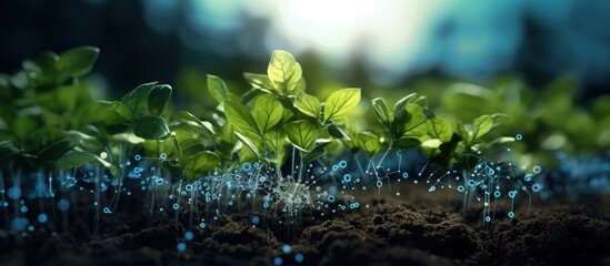 A concept for growing crops using AI and 5G Industry 4 0 technology with benefits for soil and plants with copyspace for text - obrazy, fototapety, plakaty