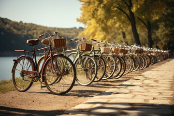 Fototapeta premium A row of vintage bicycles from the late 19th century, showcasing the evolution of pedal-powered transportation. Generative Ai.