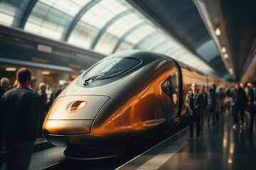 Fototapeta premium Commuters boarding a modern high-speed train, embodying the evolution of rail technology. Generative Ai.