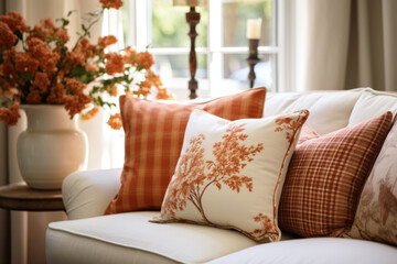 Burnt orange and white pillows on white couch in French country farmhouse interior 