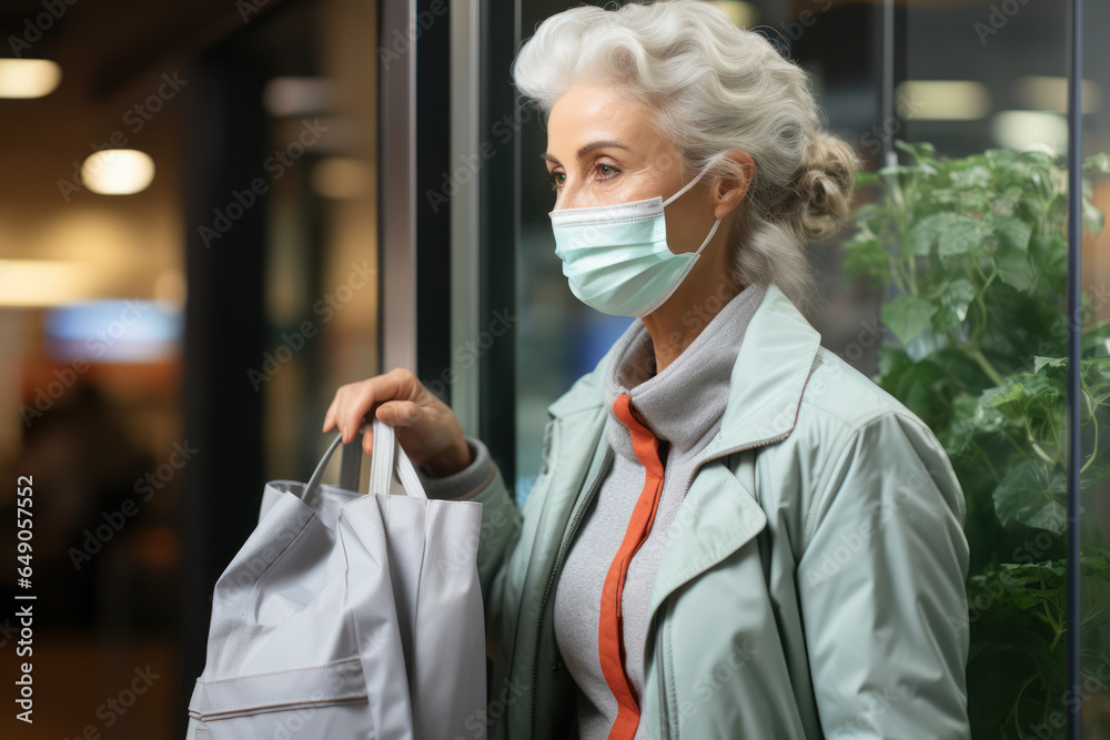 Wall mural During the quarantine imposed due to the COVID-19 pandemic, a senior woman retrieves a shopping bag from the elevator, receiving much-needed assistance with home deliveries. Generative AI.