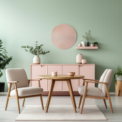 Styled Interior pale pink and soft sage green room with modern furniture 