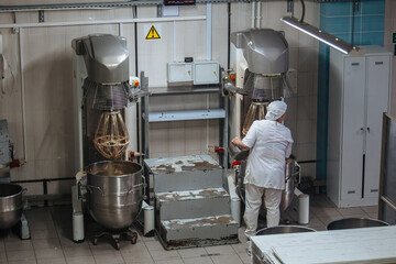 Confectionery. Marshmallow production line. Mixing of raw solution for preparing marshmallows