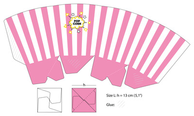Pink stripped box template with popcorn label on it. Big size container much up on white background. - obrazy, fototapety, plakaty
