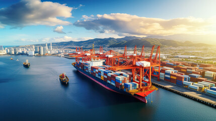 Fototapeta premium Aerial view of a container ship handling international cargo logistics at a harbor
