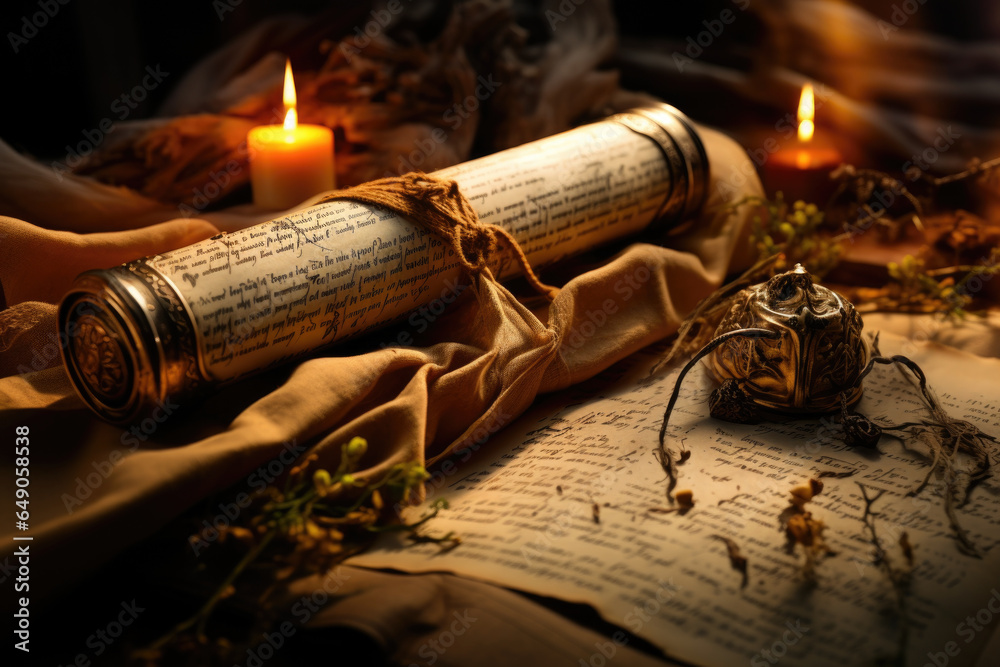 Fototapete an ancient scroll with handwritten text, showcasing early literary works. generative ai.