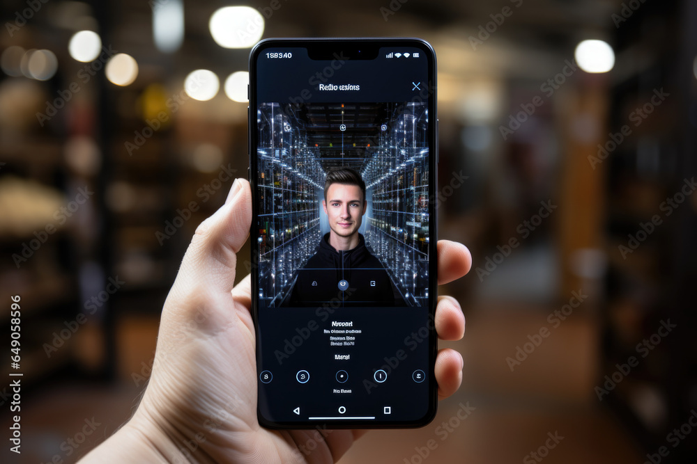 Poster a smartphone user using facial recognition for secure access to their device. generative ai.