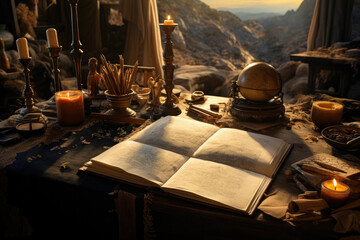 A scholar's desk with an open manuscript of a classic Greek epic. Generative Ai.