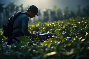 A farmer utilizing AI technology to optimize crop planting and harvesting. Generative Ai.