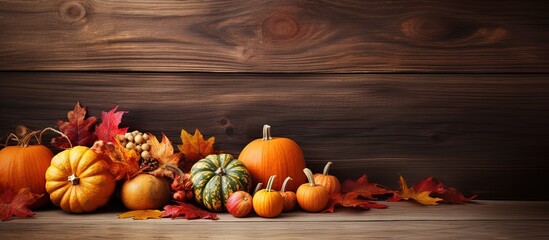 Autumn themed table setting with pumpkins leaves and berries Copy space background with copyspace for text
