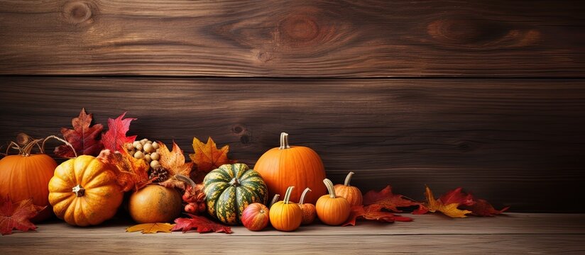 Autumn themed table setting with pumpkins leaves and berries Copy space background with copyspace for text
