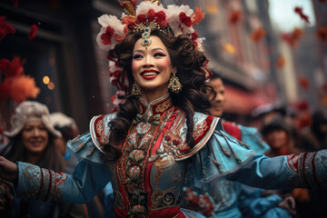 Obraz premium A vibrant and colorful Chinese New Year parade with performers in costumes. Generative Ai.