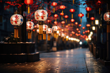 Colorful lanterns adorning the city streets, illuminating the night during Chinese New Year....