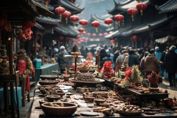 The vibrant and bustling atmosphere of a Chinese New Year street market. Generative Ai.