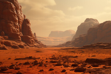 The red Martian landscape with a distant spacecraft visible. Generative Ai.