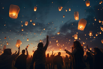 Fototapeta na wymiar Group of people releasing lanterns into a twilight sky, symbolizing unity and happiness. Generative Ai.