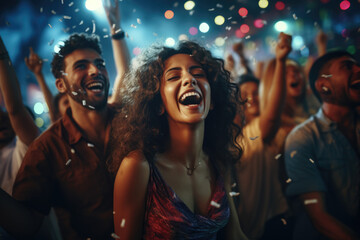 Excited reactions of fans at a live music concert, waving hands and singing along. Generative Ai.