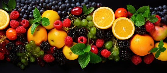 Colorful background of fresh fruits Natural nutrition with healthy vitamins