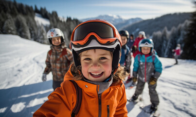 Fototapeta na wymiar Selfie photo of happy litter girl with ski goggles, skiclothing and helmet, skiing with good friends,