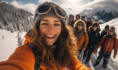 Fototapeta na wymiar Selfie photo of beautiful happy girl with ski goggles, skiclothing and helmet, skiing with good friends,