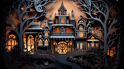 Fototapeta na wymiar elaborate paper cut out halloween haunted house