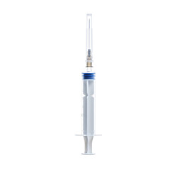 medical syringe with a cap on the needle, on transparent background, top view