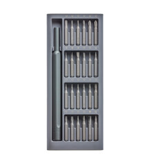 set of small screwdrivers in a case for repairing small parts, on transparent background top view