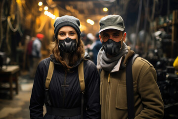 Naklejka premium Actors on a film set wearing masks and following epidemic safety protocols, showcasing pandemic-era transformations. Generative Ai.